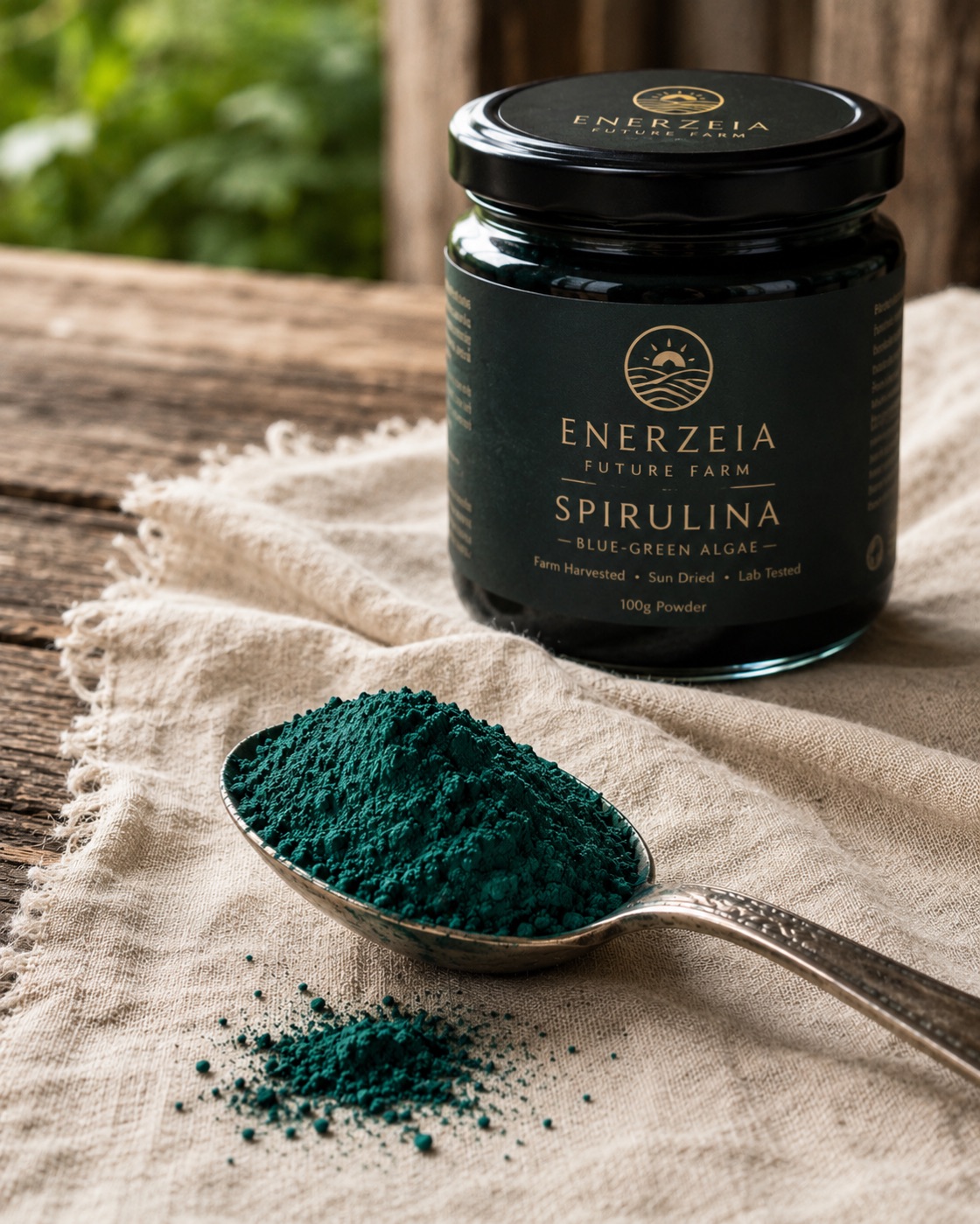 A worn silver spoon heaped with deep blue-green spirulina powder resting on cream linen, a little powder spilled beside it, with a dark Enerzeia Spirulina powder jar standing behind on a weathered wooden table.