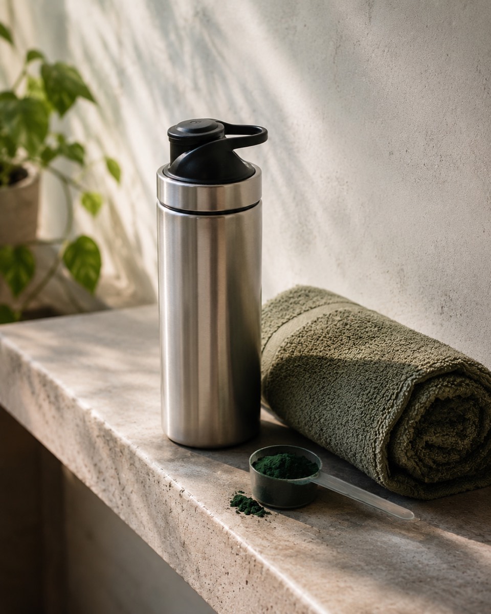 A stainless steel shaker bottle on a stone ledge beside a rolled towel, with a scoop of deep green spirulina powder resting in front of it.