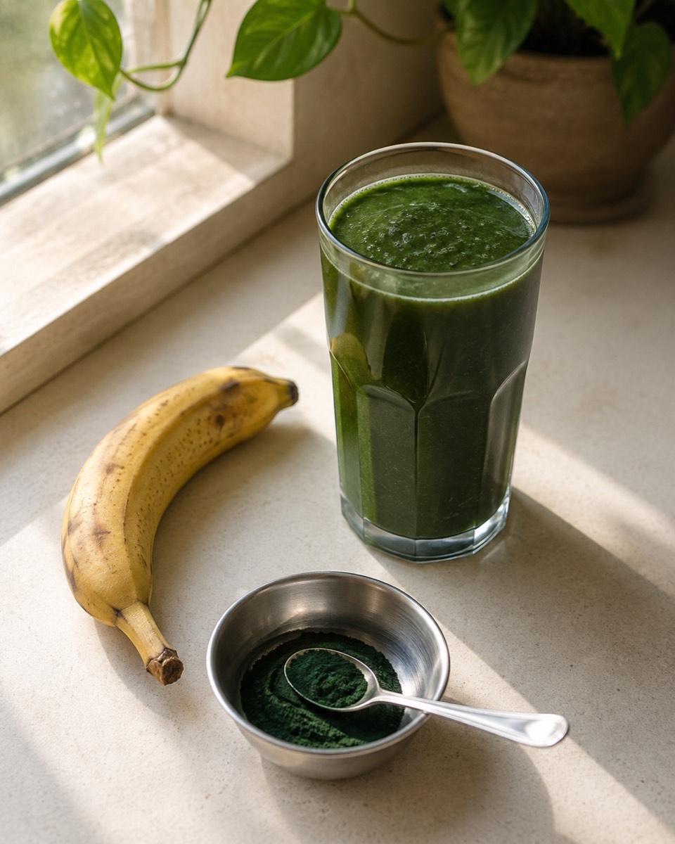 A tall glass of deep green smoothie on a pale kitchen counter in morning light, beside a ripe banana and a small steel bowl of spirulina powder with a spoon.