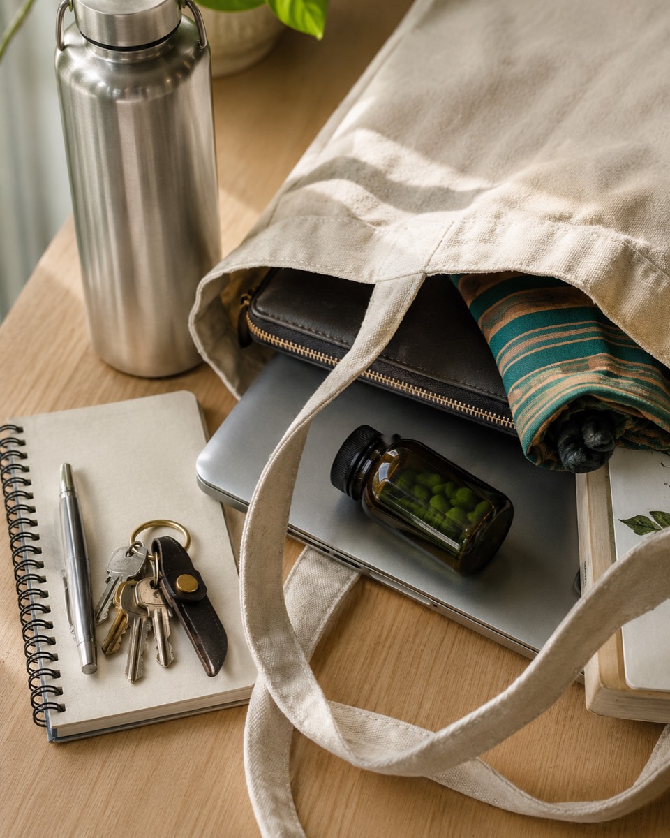 An open canvas tote on a wooden desk with a laptop, notebook, keys and a steel water bottle, and a small amber glass bottle of green spirulina tablets resting among them.